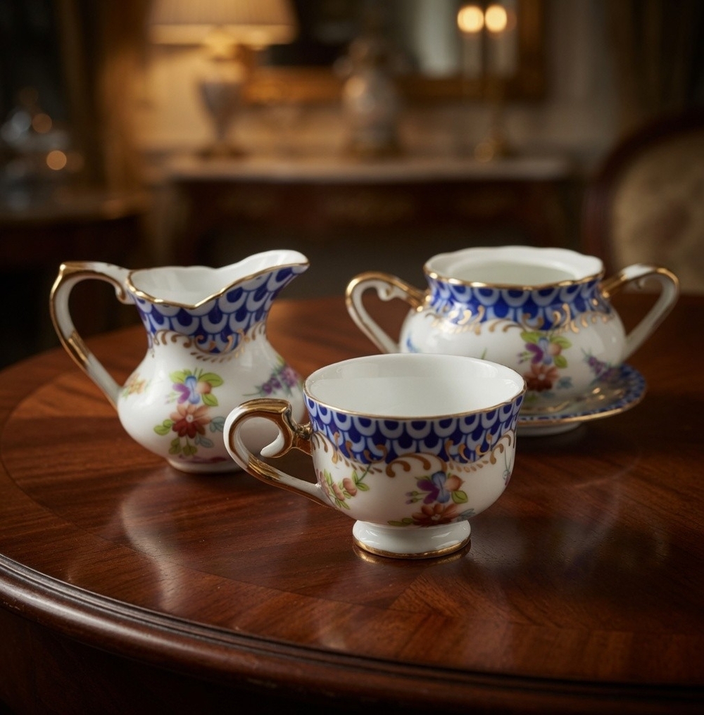 Mosaic Floral Porcelain Mini Decorative Tea Set 4Pc Creamer Sugar Cup Saucer EXC